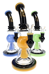 6B Glass 9½″ black neon bong with showerhead perc and assorted blue, amber and green glass accents