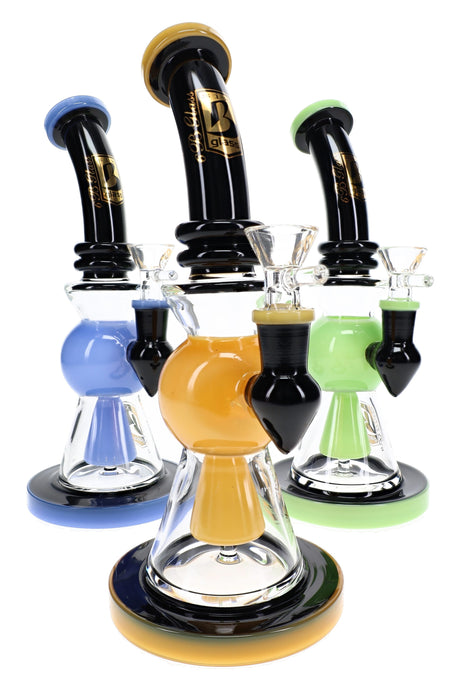 6B Glass 9½″ black neon bong with showerhead perc and assorted blue, amber and green glass accents