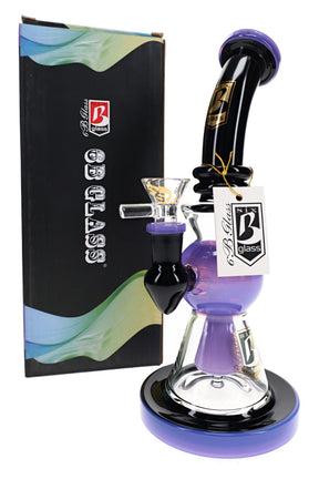6B Glass black neon bong with purple accents, bent neck, showerhead perc, glass bowl and wide base