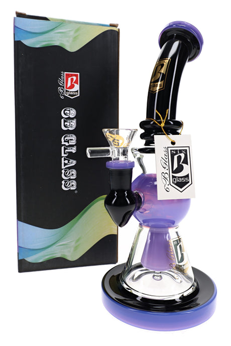 6B Glass black neon bong with purple accents, bent neck, showerhead perc, glass bowl and wide base