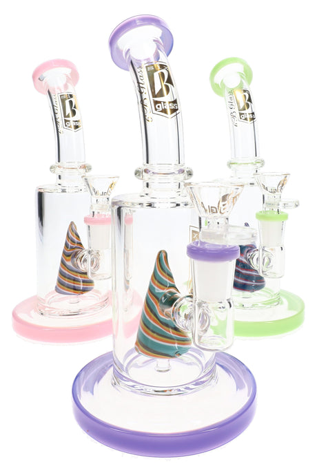 6B Glass 8½″ neon bong with striped reverse cone perc and assorted purple, pink and green glass accents
