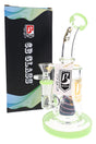 6B Glass reverse cone perc bong with green accents, curved neck, striped glass perc and removable bowl