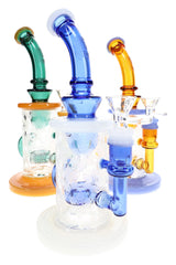 6B Glass 9″ recycler bong with frosted snowflake pattern and assorted blue, green and amber glass accents