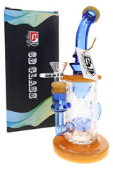 6B Glass frosted snowflake recycler bong with blue neck, amber base, showerhead perc and glass bowl