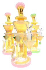 6B Glass 10½″ fumed bong with showerhead perc, spiral spikes and assorted pink, green and yellow accents