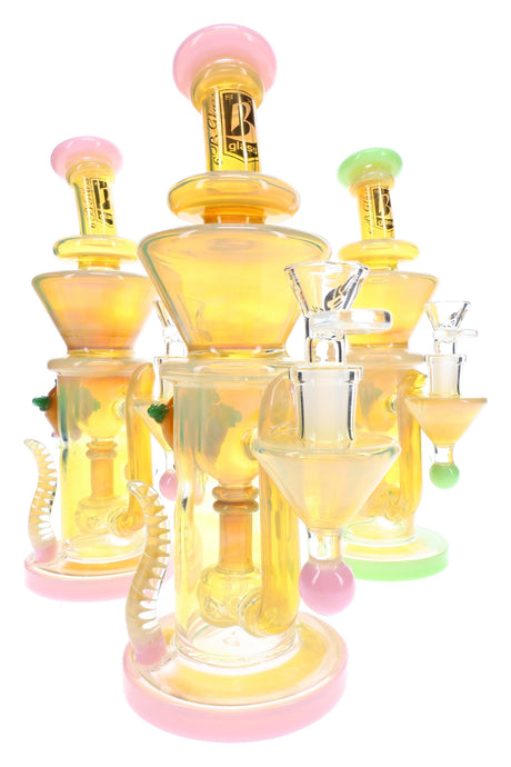 6B Glass 10½″ fumed bong with showerhead perc, spiral spikes and assorted pink, green and yellow accents