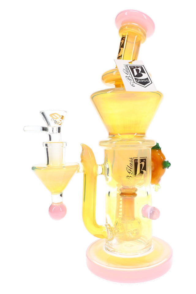 6B Glass color-changing bong with pink accents, character detail, spiral spike and showerhead percolator