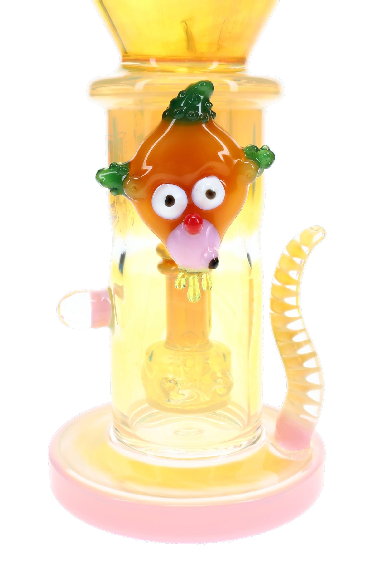 Close-up of 6B Glass bong with sculpted orange character accent, spiral glass spike and fumed chamber