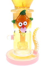 Close-up of 6B Glass bong with sculpted orange character accent, spiral glass spike and fumed chamber