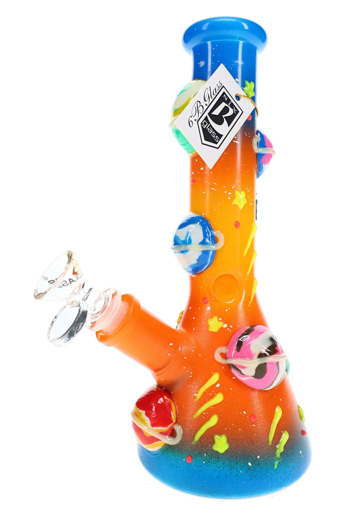 Rear view of 6B Glass planetary beaker bong showing colorful raised planets and space-themed glass details