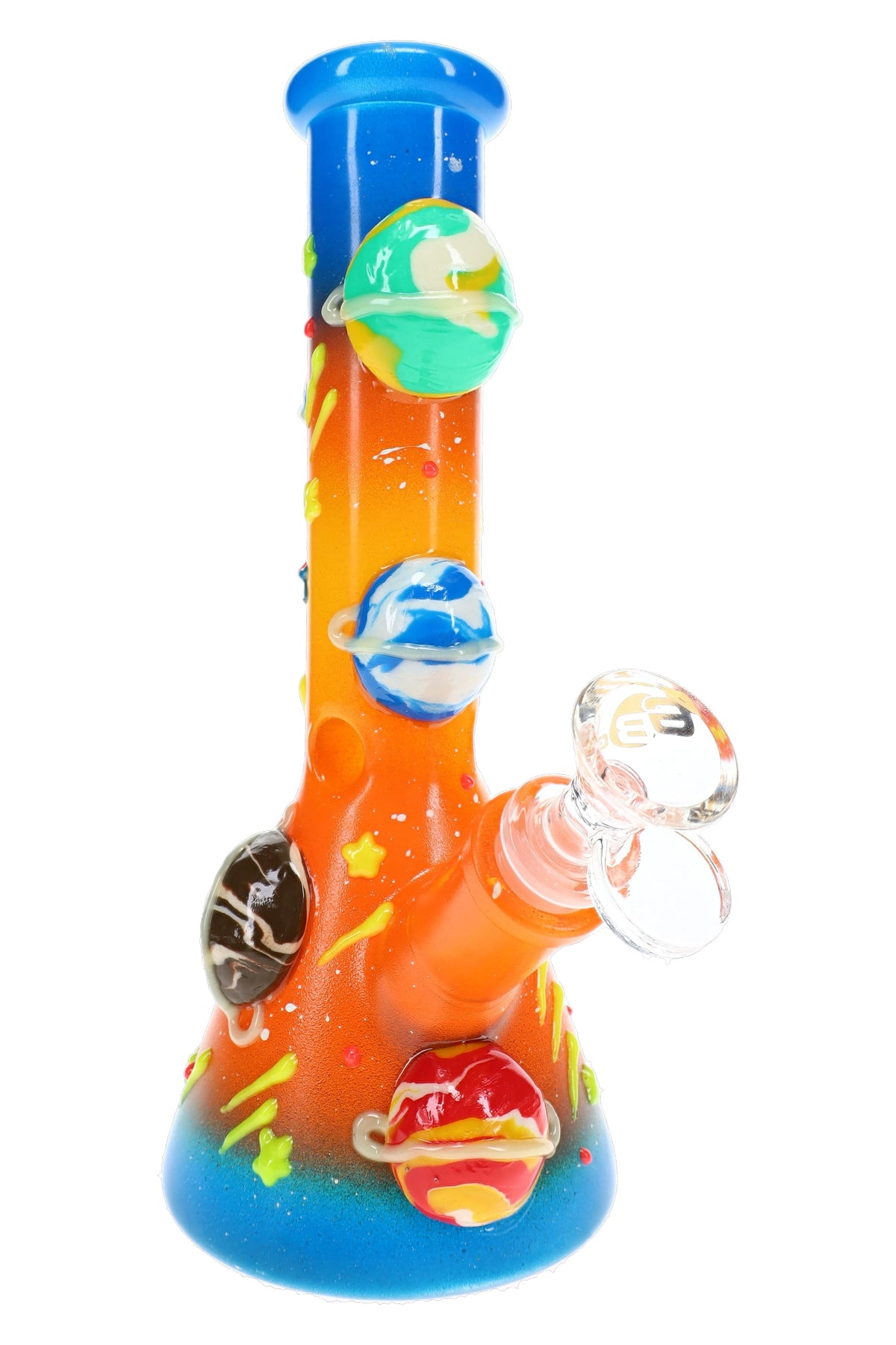 6B Glass planetary glass bong with orange and blue beaker body, raised planets, stars, and clear bowl
