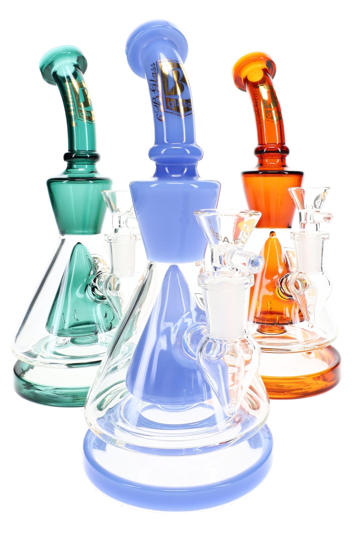 6B Glass 9-inch beaker bong assortment with green, blue and orange accents and cone showerhead percolators