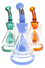 6B Glass 9-inch beaker bong assortment with green, blue and orange accents and cone showerhead percolators