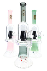 6B Glass 11.5-inch skull perc bong assortment with clear chambers and pink, gray, and green color accents