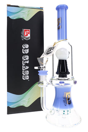 Blue 6B Glass skull showerhead perc bong with clear chamber, removable glass bowl, flared base, and box
