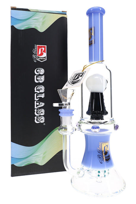 Blue 6B Glass skull showerhead perc bong with clear chamber, removable glass bowl, flared base, and box