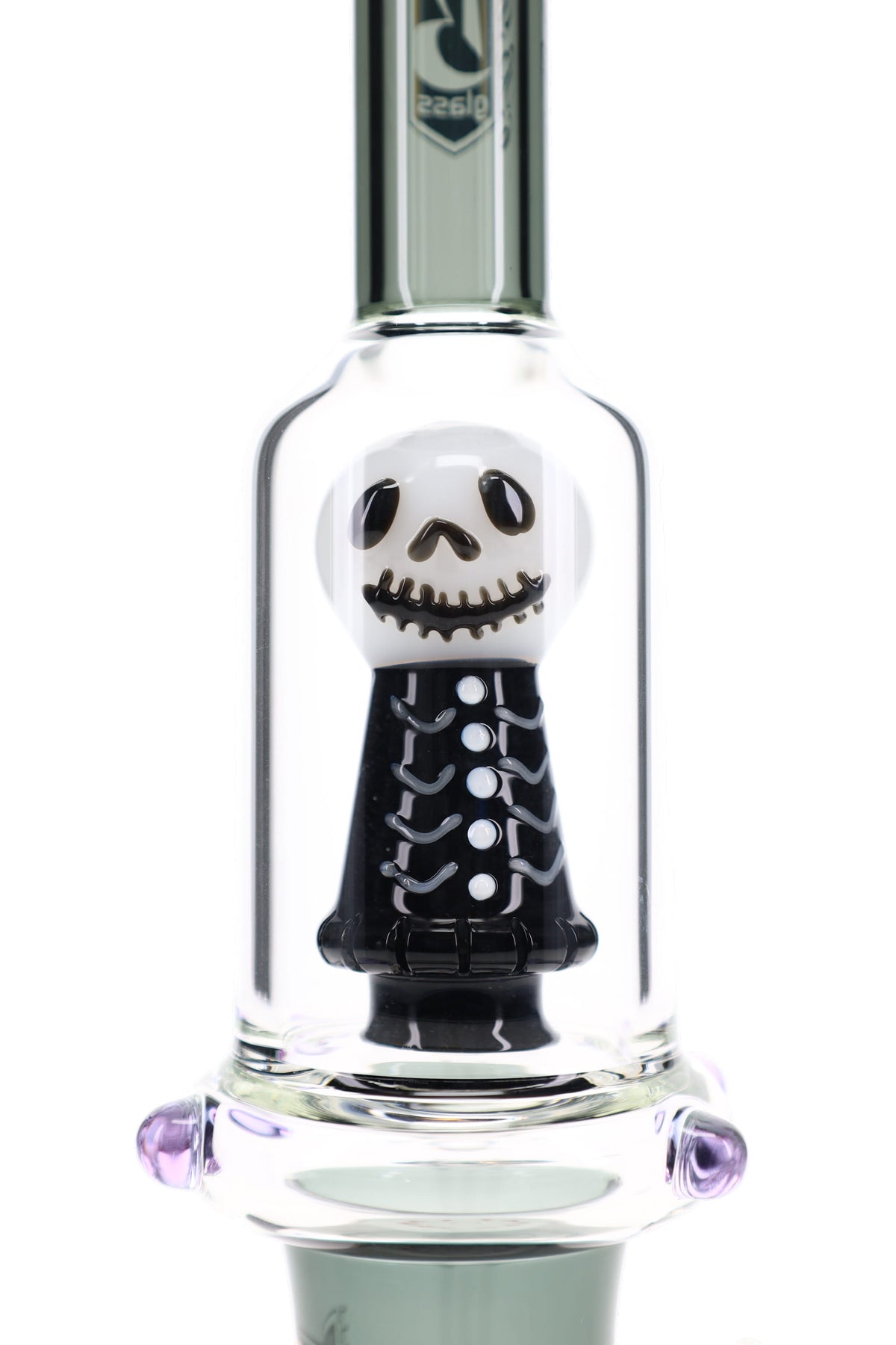 Close-up of 6B Glass bong showing white skull character showerhead perc with black sculpted body