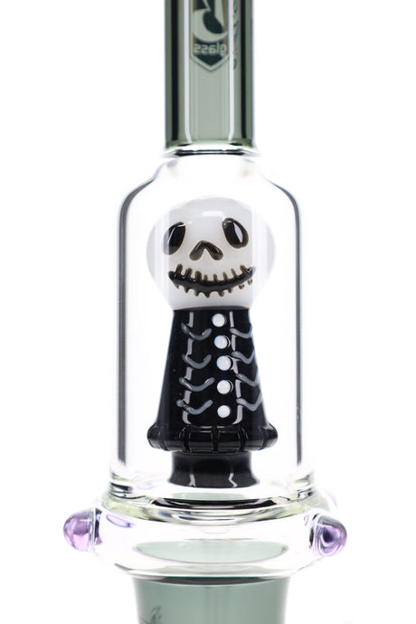 Close-up of 6B Glass bong showing white skull character showerhead perc with black sculpted body