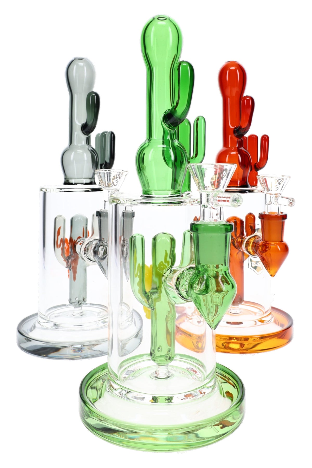 6B Glass cactus bong assortment in green, gray, and orange with sculpted percs and wide circular bases