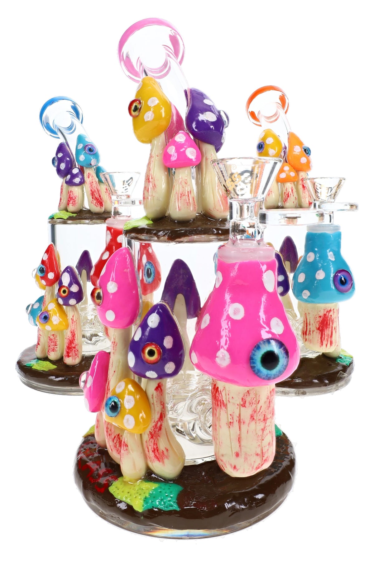 6B Glass 8-inch mushroom eyeball bong assortment with colorful resin decorations and clear glass chambers
