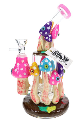 6B Glass mushroom eyeball bong with pink bowl accent, colorful resin mushrooms, showerhead perc, and wide base