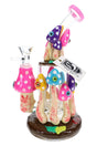 6B Glass mushroom eyeball bong with pink bowl accent, colorful resin mushrooms, showerhead perc, and wide base