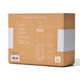 Highball Gravity Bong box back showing glass bowl, core, gasket, shell, and recommended water fill line