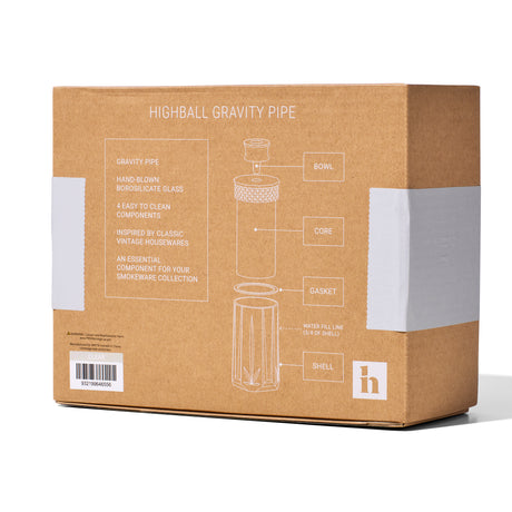 Highball Gravity Bong box back showing glass bowl, core, gasket, shell, and recommended water fill line