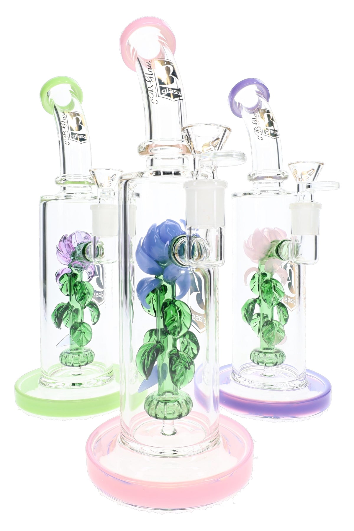 Three 6B Glass rose perc bongs with green leafy stems and pink, green and purple accents.