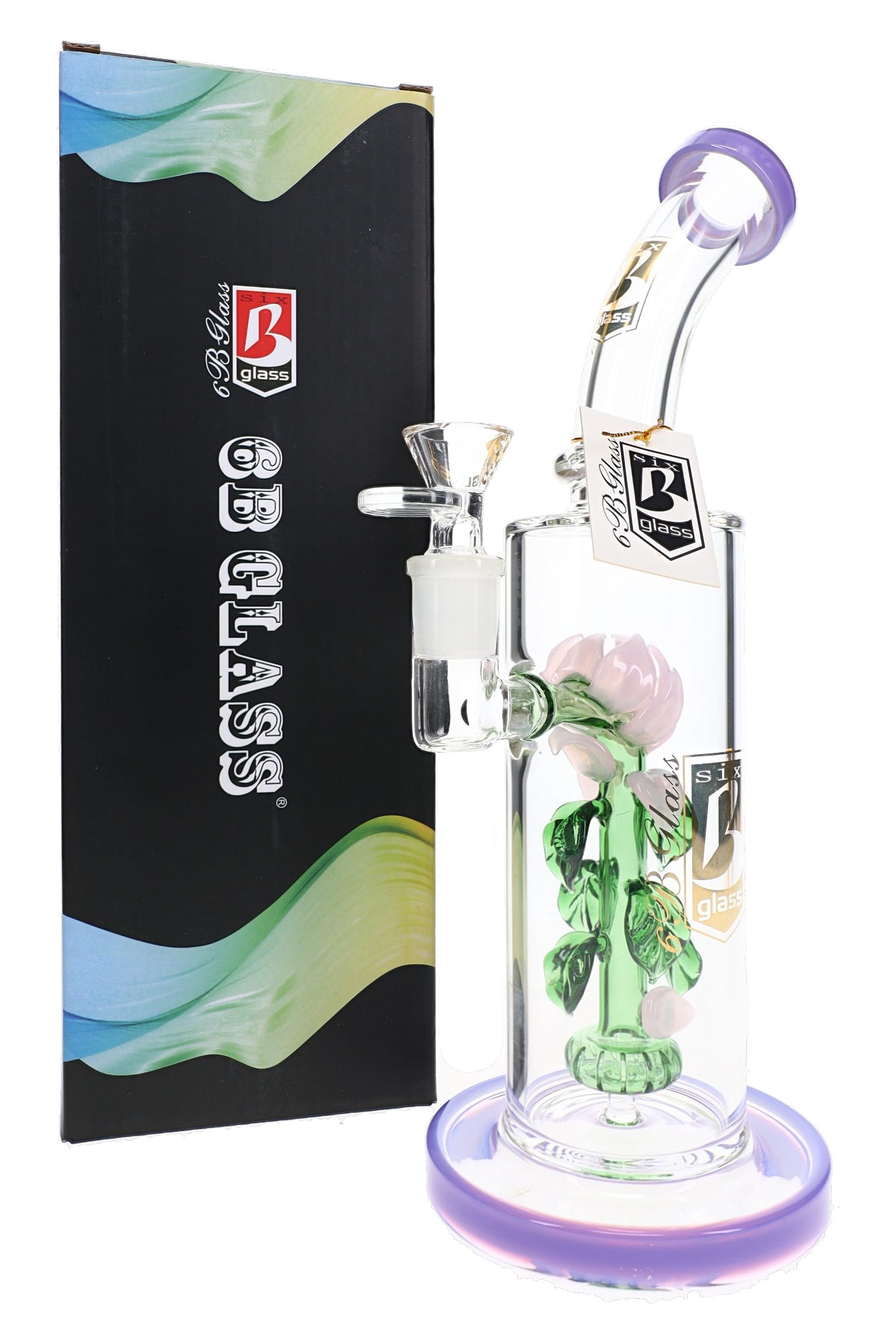 6B Glass bong with purple accents, a pink glass rose, curved neck and handled bowl beside its branded box.