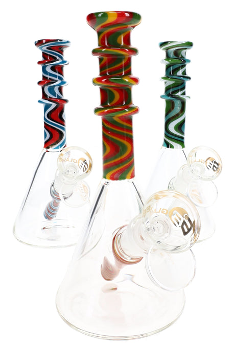 Three 6B Glass reverse beaker bongs with clear chambers, multicolored swirl necks and raised glass rings.