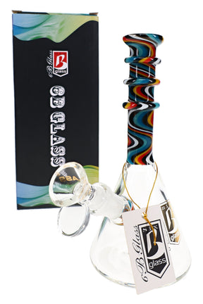 6B Glass reverse beaker bong with a multicolored swirl neck, clear handled bowl and branded box beside it.