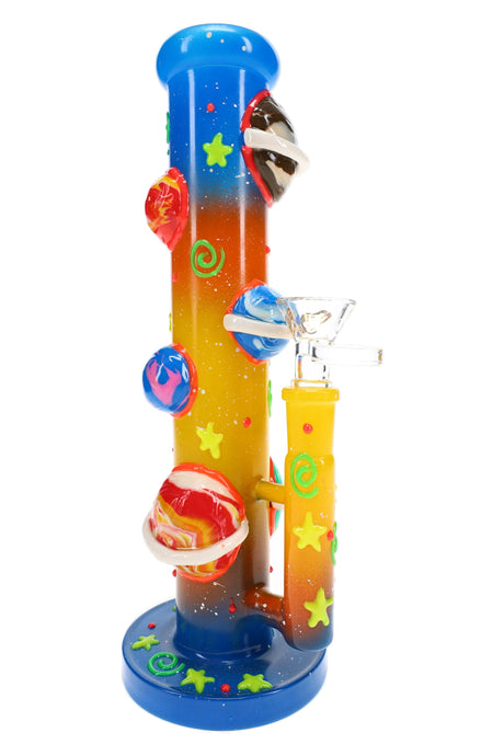 6B Glass planet bong with a blue, orange and yellow body, raised ringed planets, green stars and clear bowl.