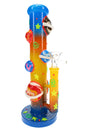 6B Glass planet bong with a blue, orange and yellow body, raised ringed planets, green stars and clear bowl.