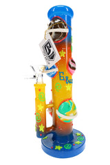 Alternate view of a 6B Glass planet bong showing colorful ringed planets, green spirals, stars and a branded tag.