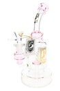 Clear 6B Glass showerhead perc bong with pink accents, a curved neck, handled glass bowl and branded hang tag.