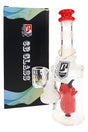 Red-accented 6B Glass frosted demon dab rig with a clear banger and branded hang tag beside its box.