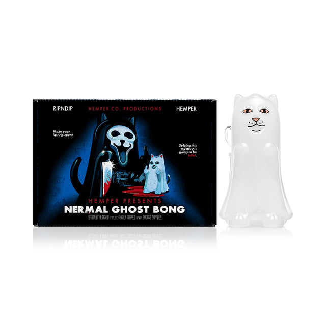 White RIPNDIP x Hemper Killer Nermal Ghost bong beside its black illustrated retail box