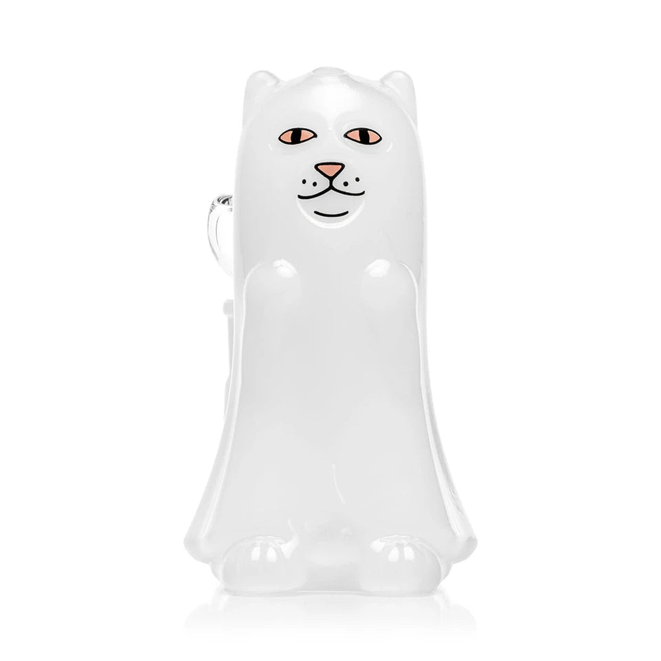 Front view of the Killer Nermal Ghost bong showing cat ears, pink eyes, a smiling face and sculpted paws