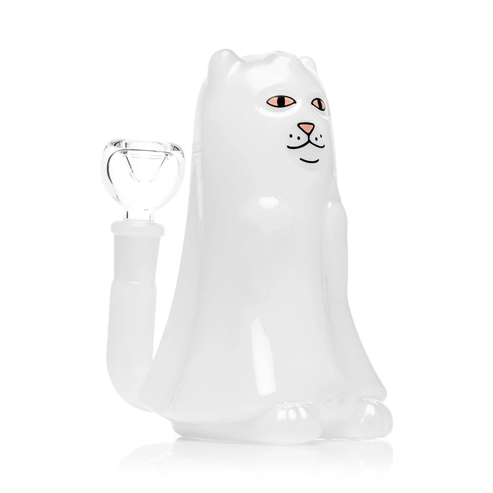Angled view of the white Killer Nermal Ghost bong showing its curved tail-shaped stem and clear glass bowl