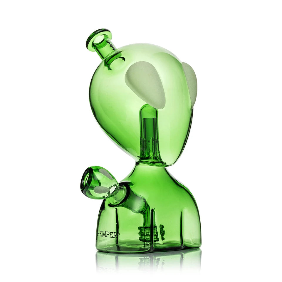 Angled view of the green Alien XL bong showing its tilted mouthpiece, recessed joint and alien-head bowl