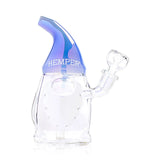 Front view of Hemper Trippy Gnome bong with an iridescent blue hat, rounded nose, white beard and clear bowl