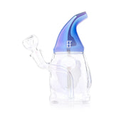 Rear view of Hemper Trippy Gnome glass bong showing its blue hat mouthpiece, clear body and curved downstem