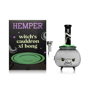 Hemper Cauldron XL glass bong with a green bubble top and black cat bowl beside its illustrated retail box