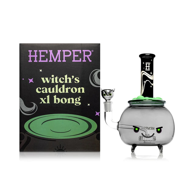 Hemper Cauldron XL glass bong with a green bubble top and black cat bowl beside its illustrated retail box