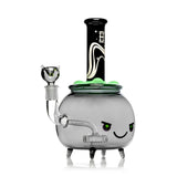 Angled view of Hemper Cauldron XL glass bong with a cat bowl, green bubble top and visible showerhead perc