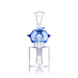 Front view of Hemper Blue Whale bong showing its smiling face, blue fins, clear mouthpiece and glass bowl