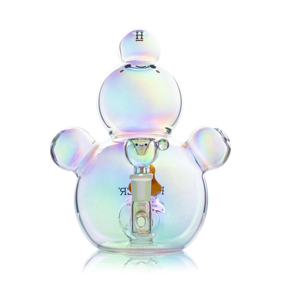 Front view of Hemper Bubble XL bong showing stacked bubbles, a smiling face and matching rounded glass bowl