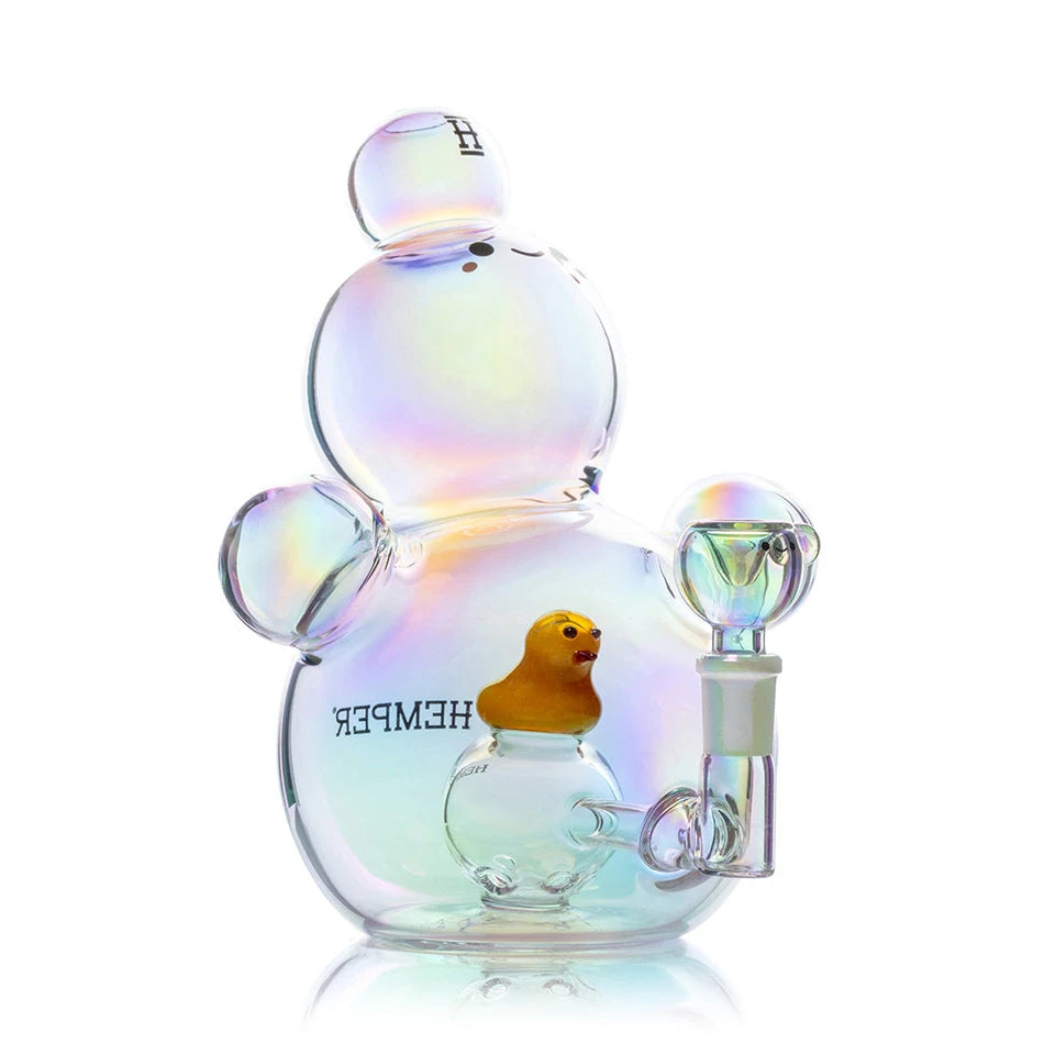 Angled view of Hemper Bubble XL bong with rainbow reflections, a yellow duck perc detail and smiling bowl