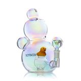 Angled view of Hemper Bubble XL bong with rainbow reflections, a yellow duck perc detail and smiling bowl